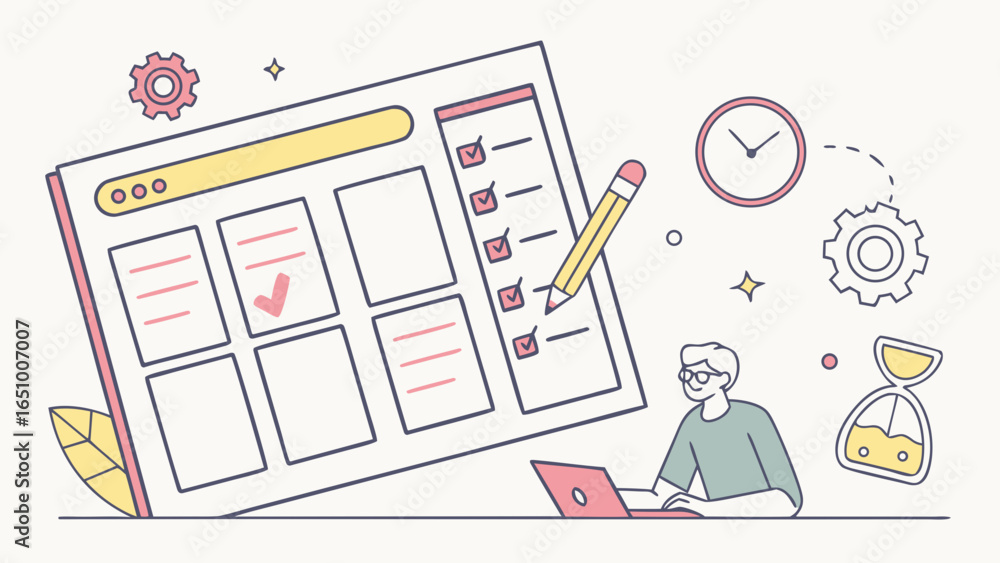 Poster man working on a to do list with a laptop and hourglass
