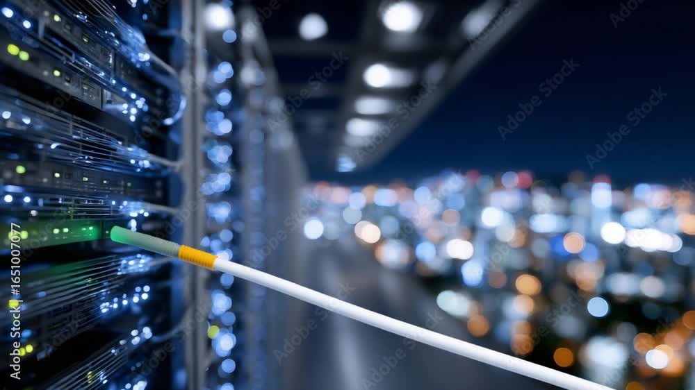 Poster high-tech data center close-up: rack-mounted telecom equipment with cascading fiber optic cables and