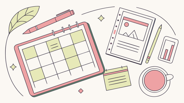 Desk with calendar notes pen and coffee cup flat lay illustration