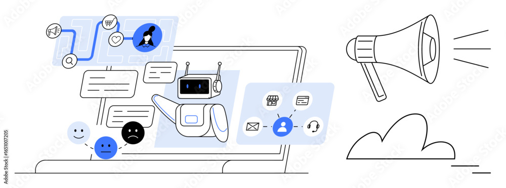Poster ai-powered chatbot managing user queries on a laptop with emotional reactions and communication icon