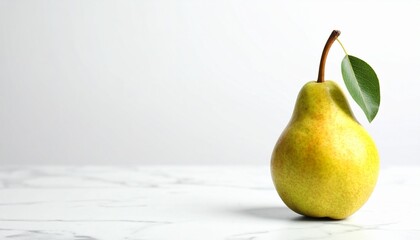 Ripe Green Pear with Leaf on Marble Table in Minimalist Style