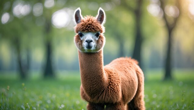 A llama standing in a grassy area with blurred trees in the background. - Powered by Adobe