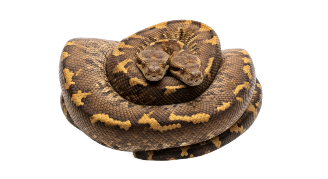 Coiled Brown Python Snake Resting in a Natural Position on a Transparent