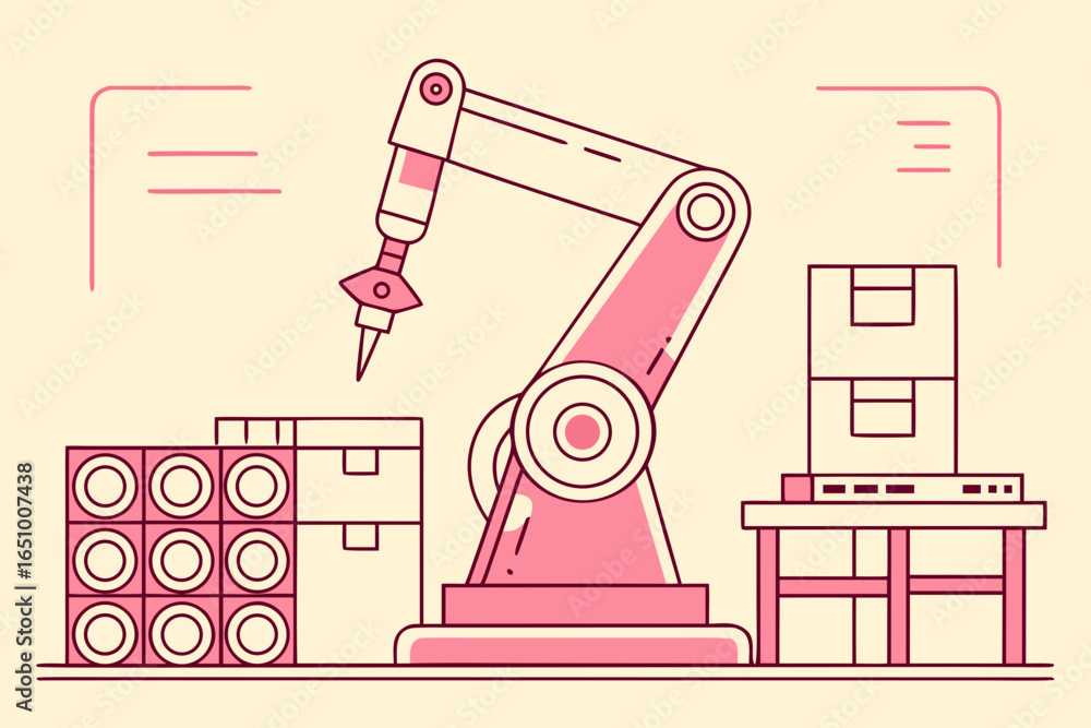 Poster automated robotic arm working in a factory with boxes and products