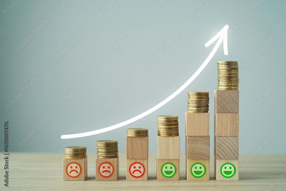 Poster visualizing growth with positive feedback and financial success represented by coins and blocks show