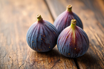 Obraz premium A trio of fresh figs arranged on an aged wooden surface