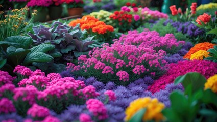 Colorful garden with a variety of vibrant flowers and lush greenery.