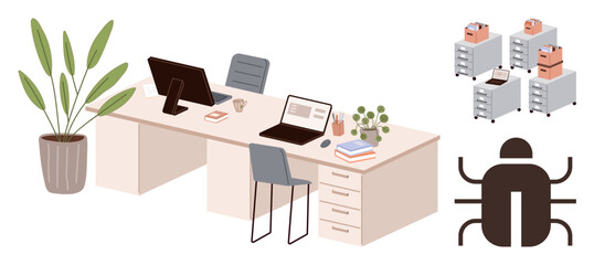 Dual desks with computers, potted plant, filing cabinets with folders, and a large bug icon. Ideal for office setup, productivity, organization, digital security, information storage workplace