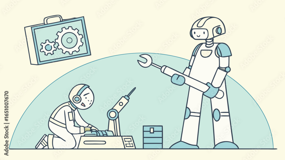 Poster robot and human working together on a project with tools