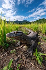 Obraz premium land monitor lizard walking across a tropical grassland