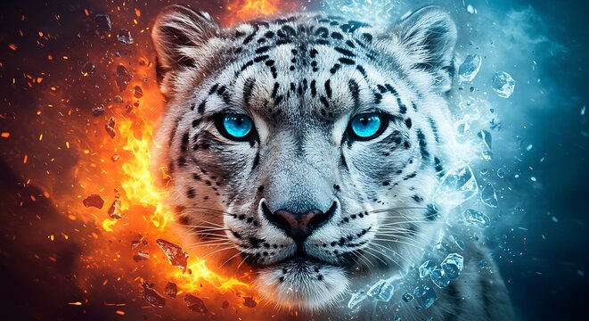 A majestic snow leopard with striking blue eyes, split between fire and ice, creating a dramatic contrast.