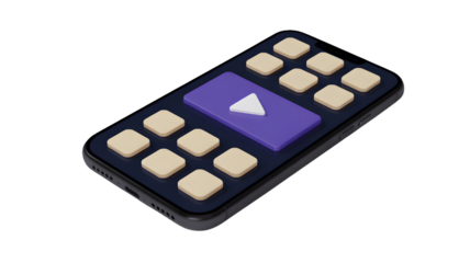 Isometric smartphone with video player and app icons on a black background in cartoon style