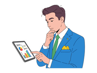 Businessman Analyzing Data: A focused professional, meticulously analyzing data displayed on a digital tablet, epitomizing strategic thinking and business acumen.