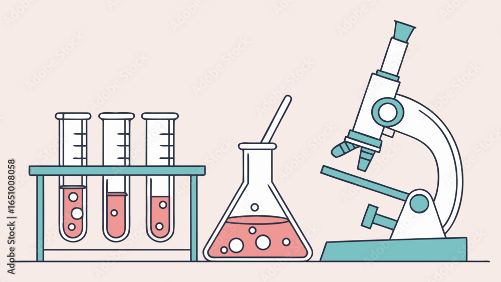 Poster laboratory equipment with test tubes flask and microscope in flat design