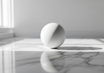 Serene Minimalist White Sphere on Marble Surface, Sunlit Interior, Clean Design.