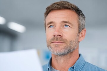 Fototapeta premium Thoughtful man gazing upward, holding documents, reflecting on i
