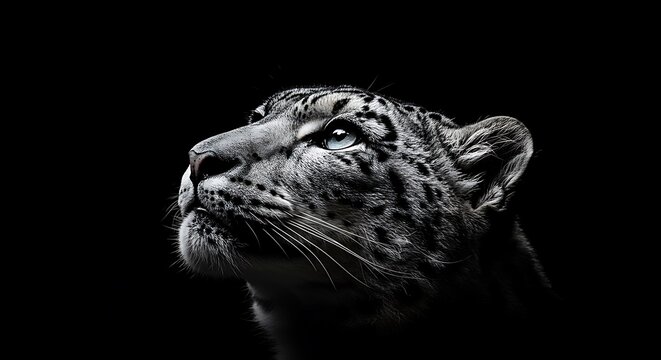 Close-up portrait of a snow leopard's head, looking upwards with a focused gaze against a stark black background.