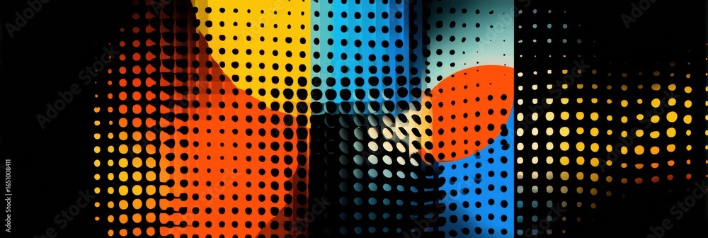 Poster abstract art display with vibrant colors and geometric patterns inside a modern gallery space during