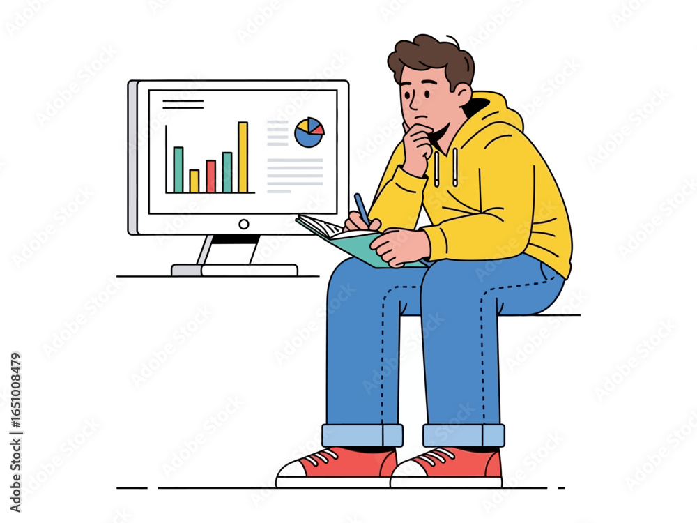Poster data analysis: a focused individual delves into data, visualizing information on a monitor screen an