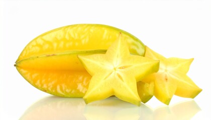 Fototapeta premium Bright Yellow Starfruit Arrangement with Slices on White Backdrop