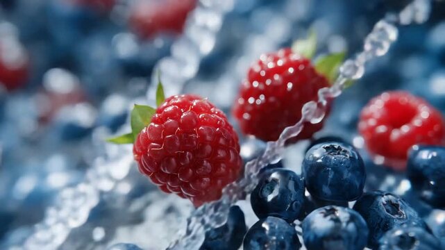 Dynamic close-up of ripe raspberries and blueberries splashing into crystal-clear water, capturing vibrant summer freshness.