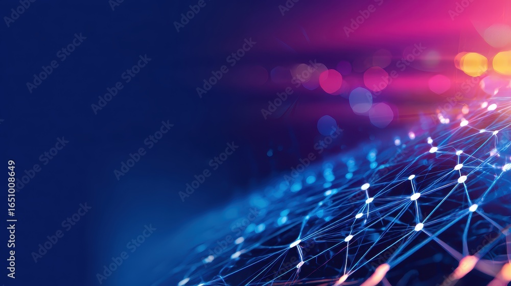 Poster abstract digital landscape showcasing interconnected nodes and vibrant light trails in a futuristic 