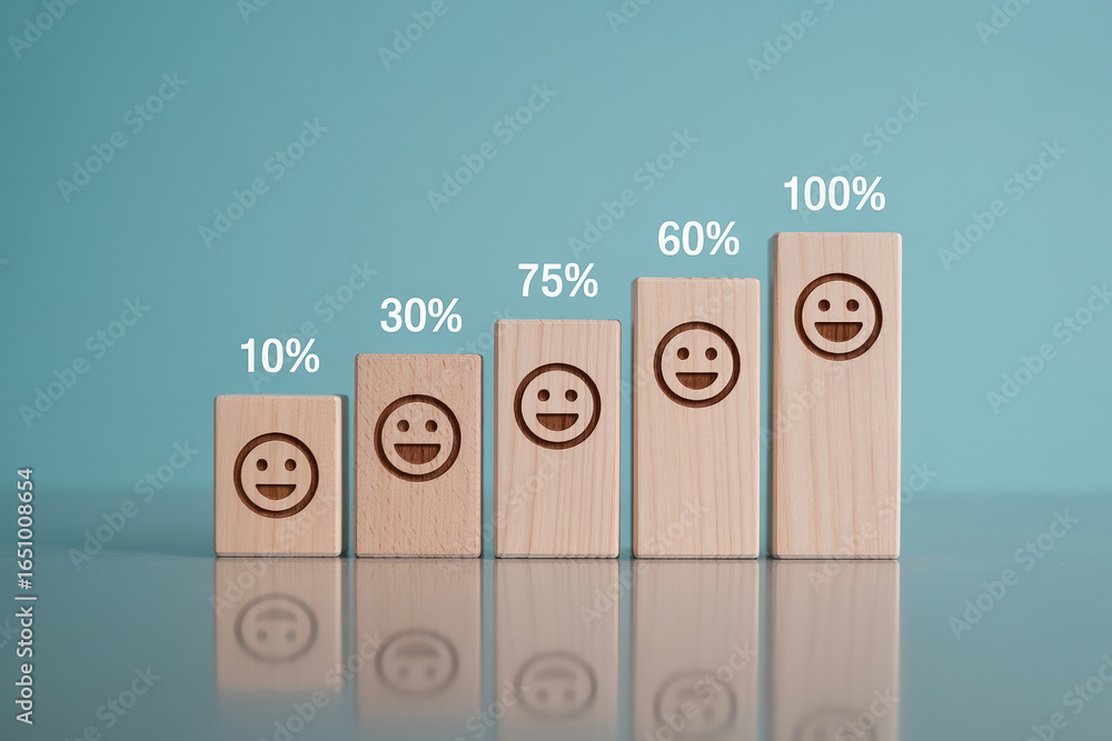Poster wooden blocks displaying satisfaction levels with percentage icons and smiley faces, representing pr