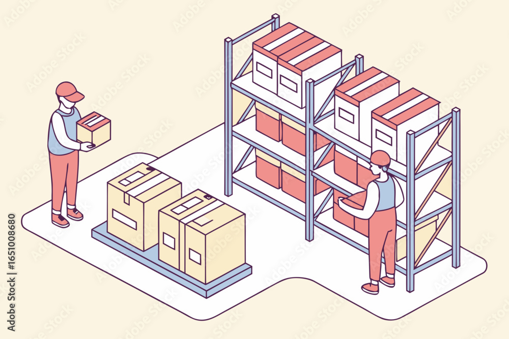 Poster warehouse workers organizing and storing boxes on shelves in isometric view