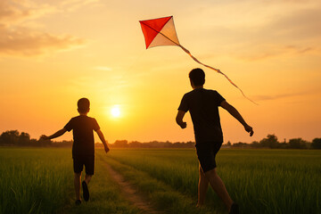 Two brothers, aged 12 and 17, playing with a red and white kite in a rice field during golden hour...