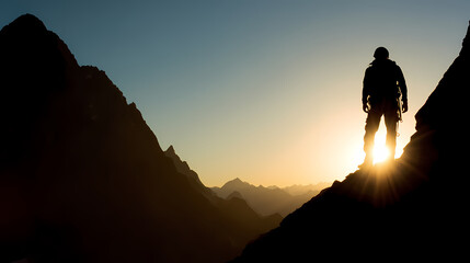 Naklejka premium A mountain climber gazes at a distant peak, silhouetted against a golden sunrise in a dramatic landscape.