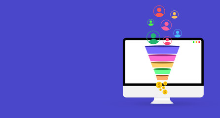 Computer screen showing funnel conversions into money, leads, business, growth, elements,...