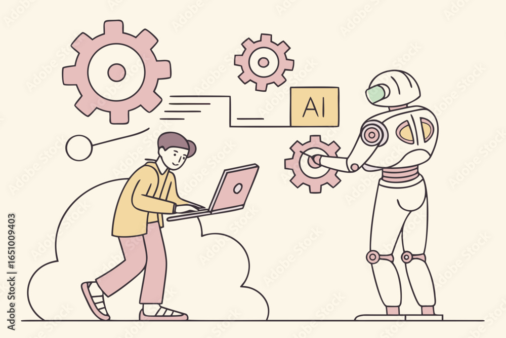 Aufkleber man and robot collaborating on artificial intelligence project