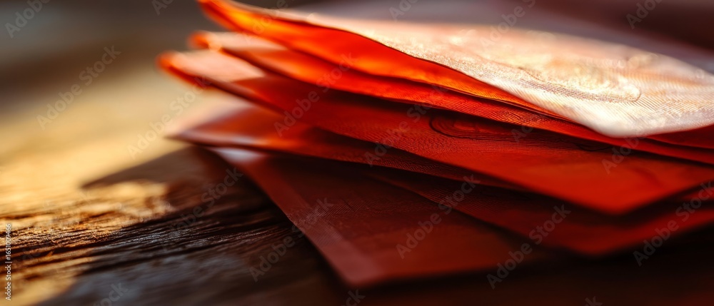 Poster a close-up image of stacked orange currency notes illuminated by warm light, resting on a textured w