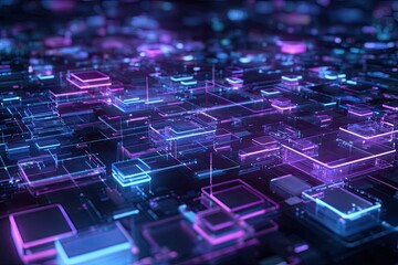 Abstract digital cityscape of glowing, interconnected blocks