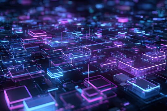 Abstract digital cityscape of glowing, interconnected blocks