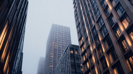 Fototapeta premium Foggy cityscape showcasing towering buildings with illuminated windows in a bustling urban environment