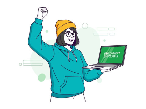 Code Deployment Triumph: A young techie celebrates a successful code deployment, computer with deployment successful displayed on the screen and her arm in the air.