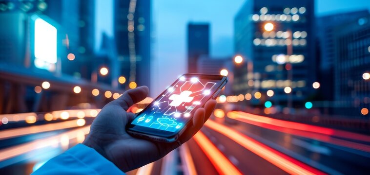 A hand holds a smartphone displaying a digital interface, set against a vibrant cityscape with blurred lights, symbolizing technology and connectivity.