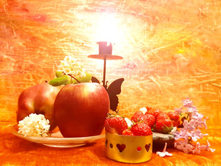 Apple, strawberries, bakery and flowers. Bright romantic still life on a red background, candle in...