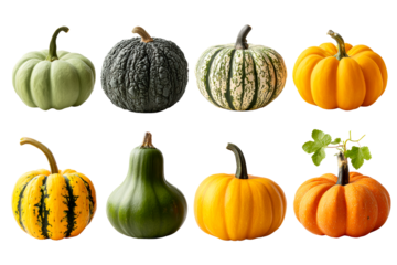 Collection of Eight Diverse Gourds and Pumpkins Arranged on White Background