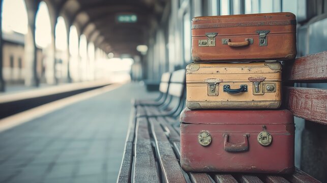 A captivating stack of vintage suitcases beside a train station bench evokes travel nostalgia in ultra HD clarity.