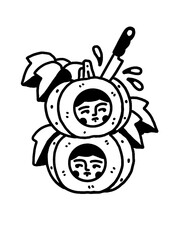 A black and white illustration of two faces inside pumpkins with a knife
