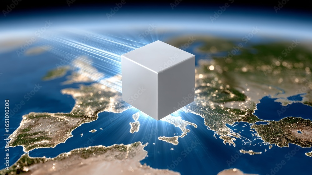 Poster digital future intelligent ai core floating cube emitting data streams over europe in a gigapixel st