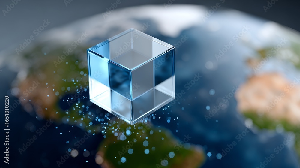 Poster floating ai cube emitting digital data streams global perspective future technology environment