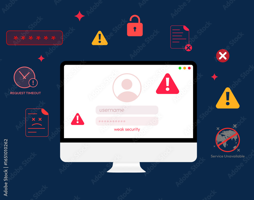 Poster weak security concept with login and failed attempt on the computer screen, threat, virus, compromis