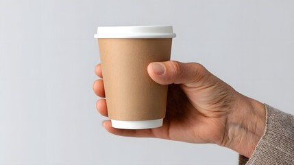 Coffee cup held in hand against white background
