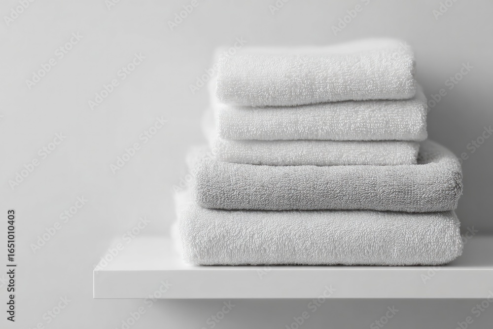 Poster soft towels neatly stacked on minimalist shelf create an invitin