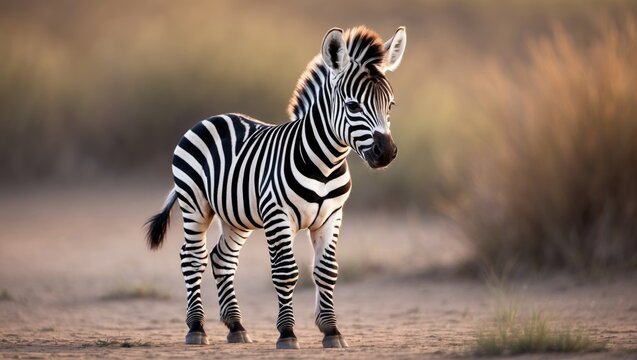 A young zebra standing on a dirt path in a natural habitat with blurred grass in the background.