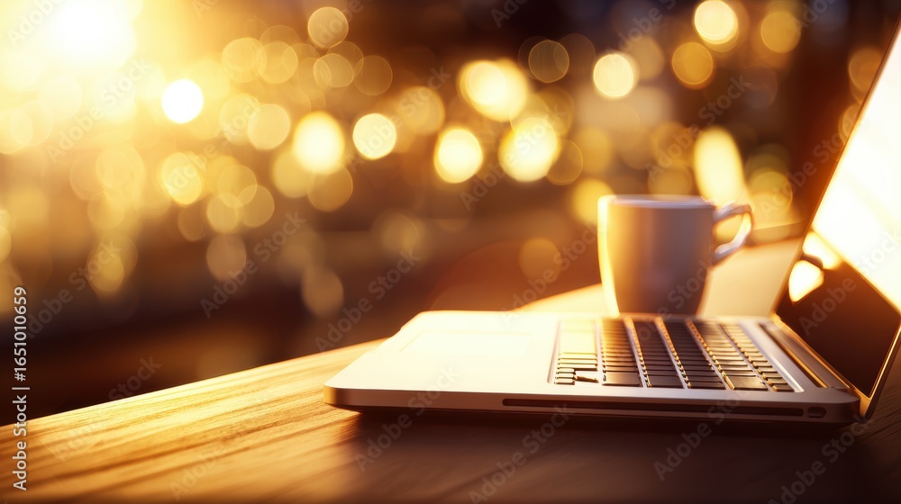 Poster a cozy workspace with a laptop and a steaming mug, illuminated by warm bokeh lights in the backgroun
