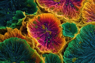 Obraz premium Vivid macro image of fungus structures shows intricate details and colors. It's ideal for scientific or abstract art, or unique backgrounds.